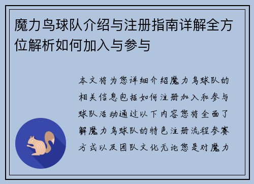 魔力鸟球队介绍与注册指南详解全方位解析如何加入与参与